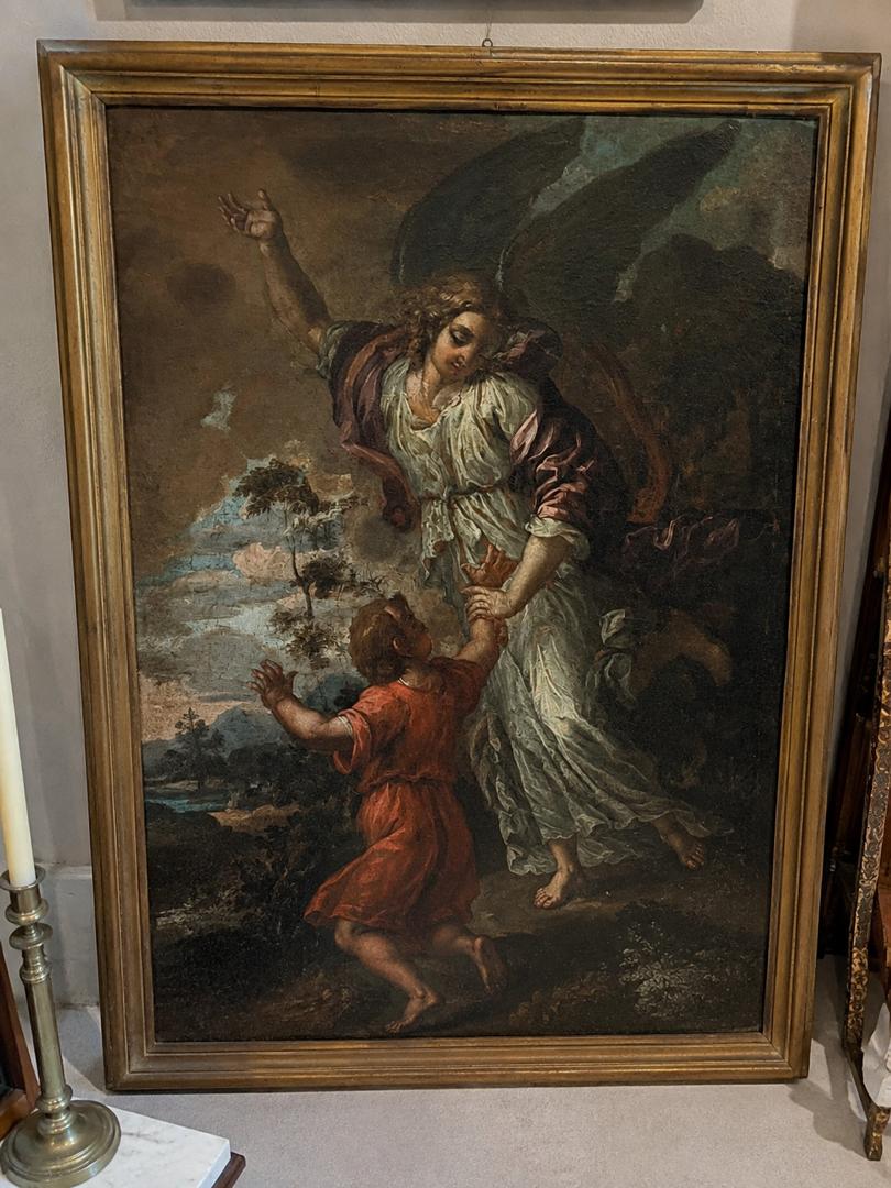 Tableau ancien – Scène religieuse : Ange et enfant – Huile sur toile