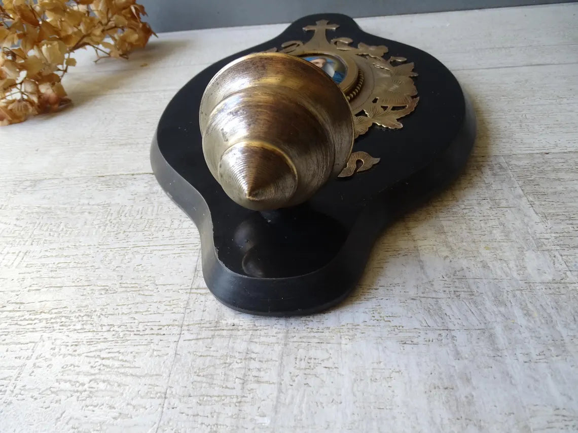 Large antique marbled bronze holy water stoup with a hand-painted porcelain Virgin Mary medallion, enameled stoup.