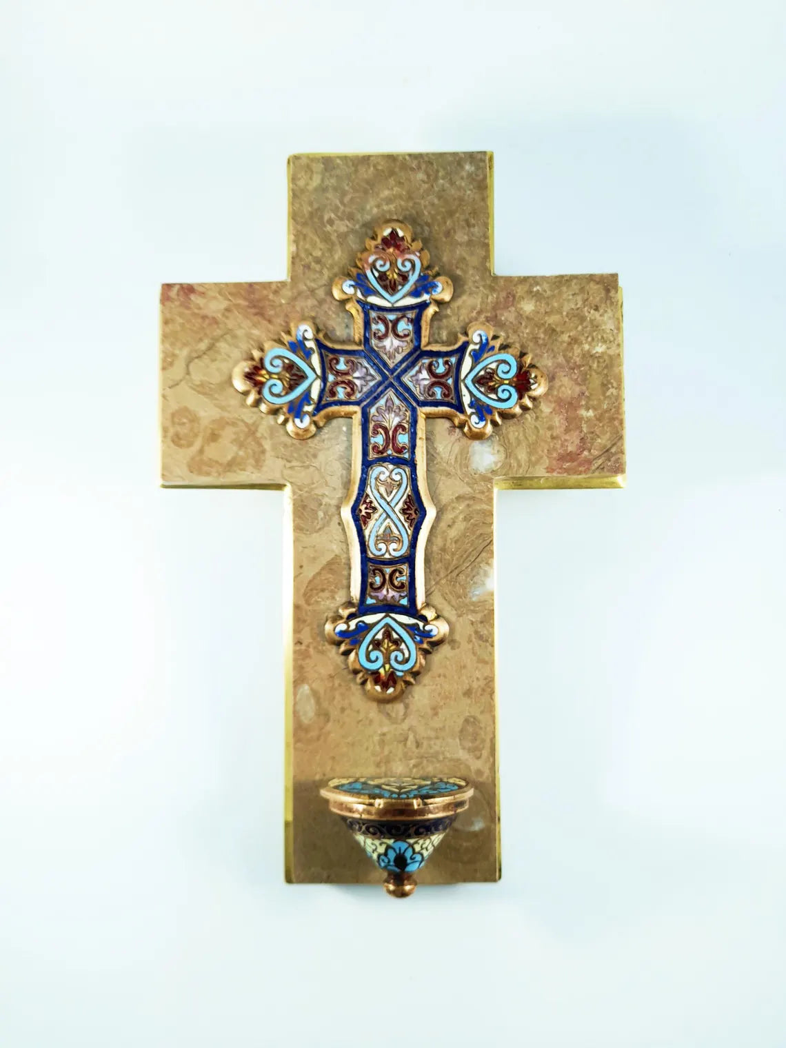Holy water stoup, Limoges enamel on bronze, by Emile Bouasse, solid bronze back, marble base, circa 1870