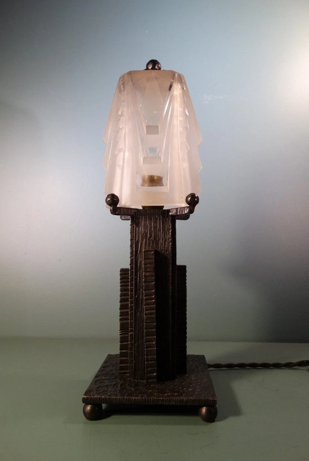 Art Deco skyscraper lamp, building style. Wrought iron, Muller Frères Lunéville.