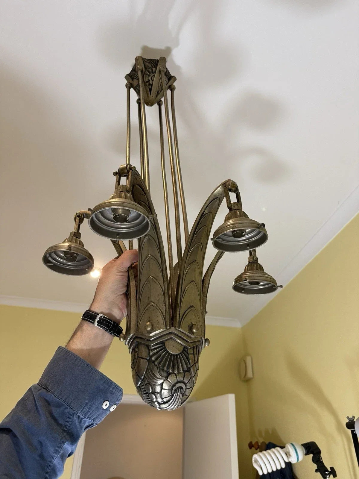 Nickel-plated bronze chandelier, French work from the 1930s.
