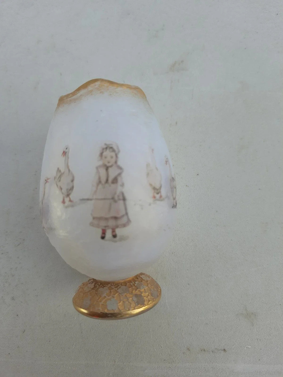 Rare Antique Small Daum Nancy Goose Girl Frosted Glass Vase. Gold Trimmed.