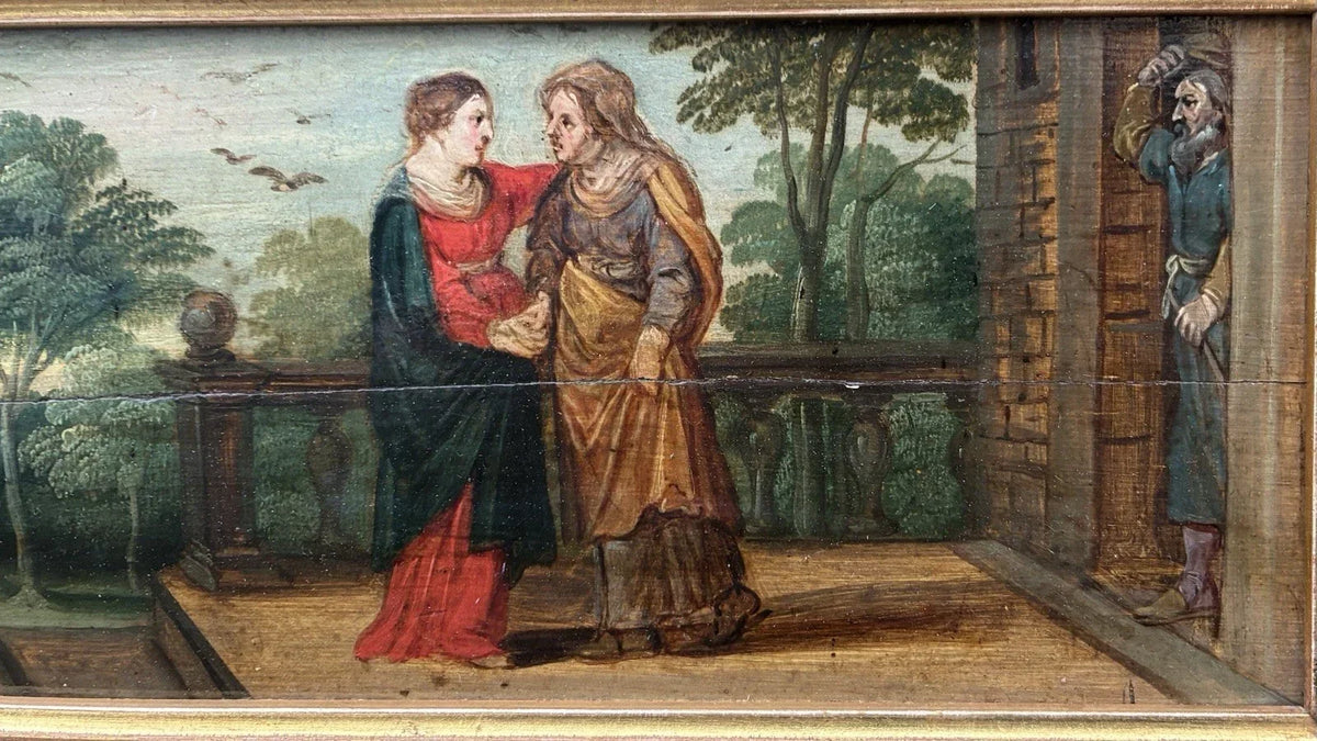 Antique oil painting, religious scene, The Visitation of the Virgin to Saint Anne, early 17th century