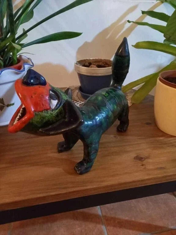 Glazed stoneware sculpture by Jacky COVILLE titled A little green cat