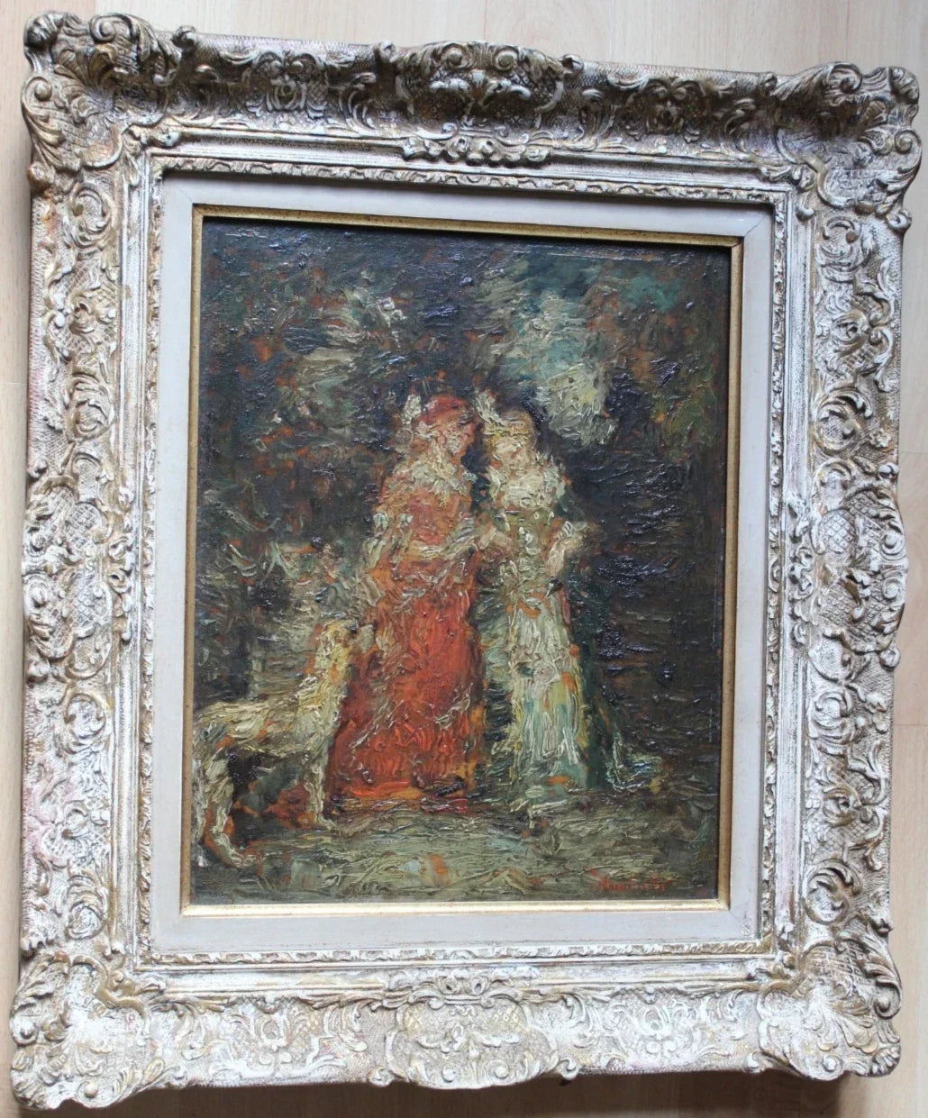 Elegant painting on panel with dog by Adolphe Monticelli (1824-1886), French School