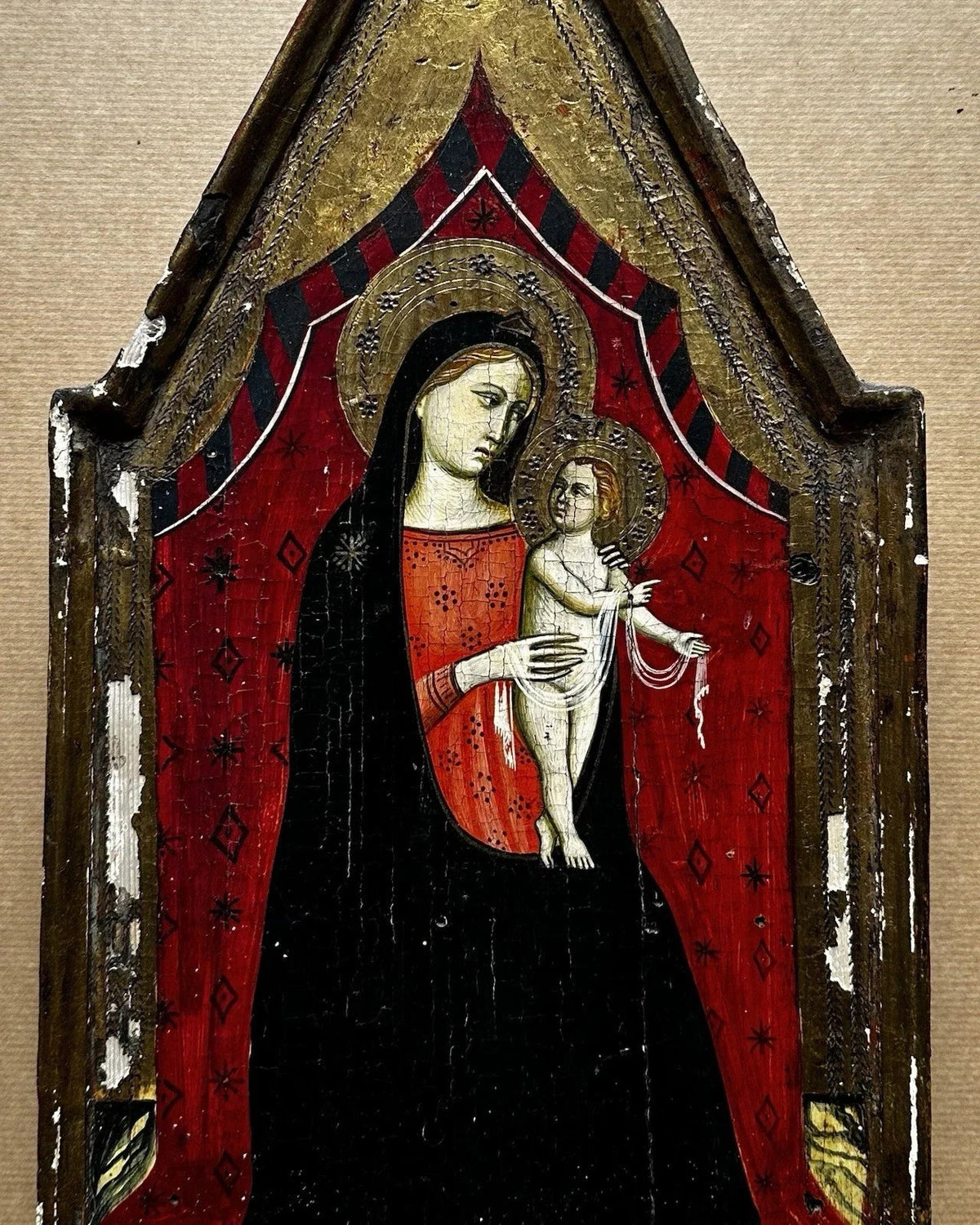 Antique Virgin and Child Painting, Religious Art, Renaissance Altarpiece