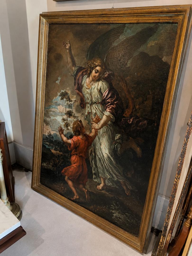 Tableau ancien – Scène religieuse : Ange et enfant – Huile sur toile
