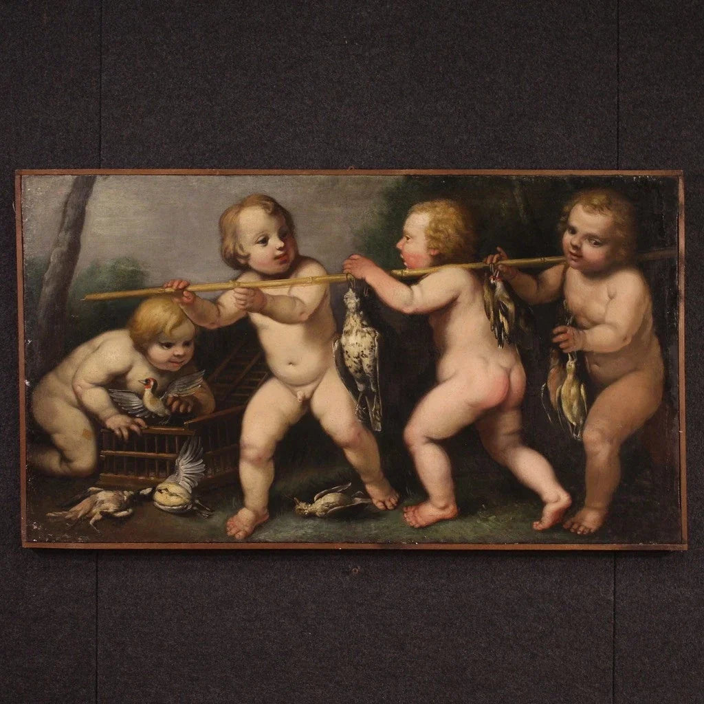 Antique allegory painting, cherubs, oil on canvas