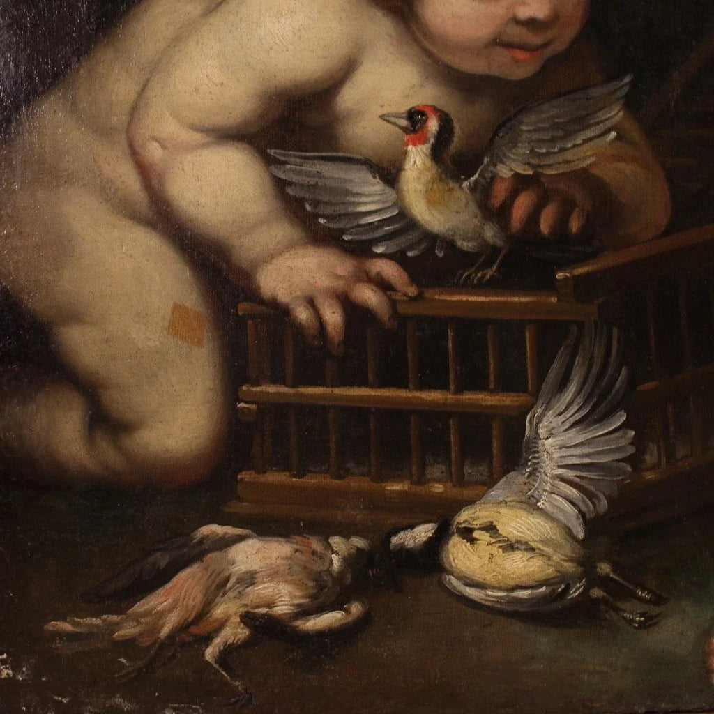 Antique allegory painting, cherubs, oil on canvas