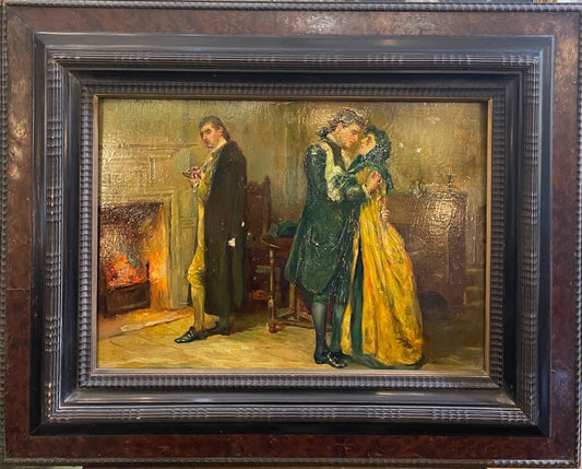 Peinture à l'huile sur bois du XVIIIe siècle intitulée Le porte-morve