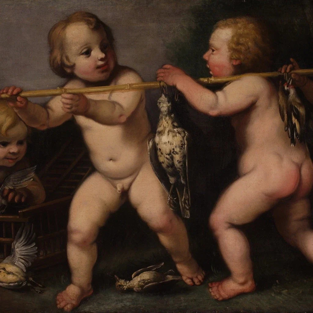 Antique allegory painting, cherubs, oil on canvas