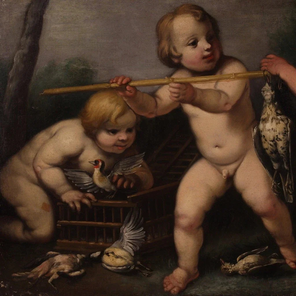 Antique allegory painting, cherubs, oil on canvas