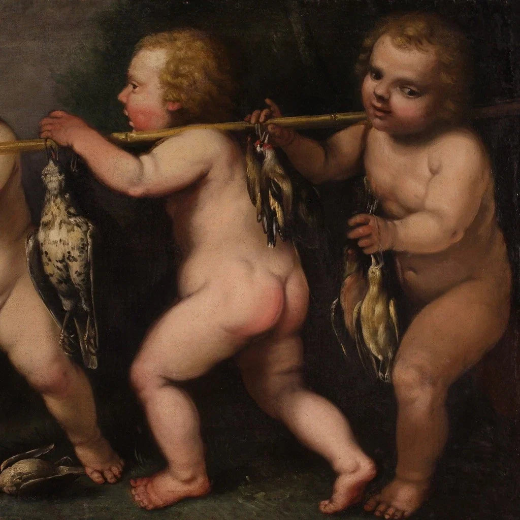 Antique allegory painting, cherubs, oil on canvas