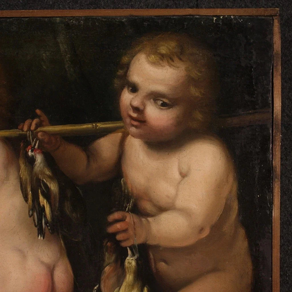 Antique allegory painting, cherubs, oil on canvas