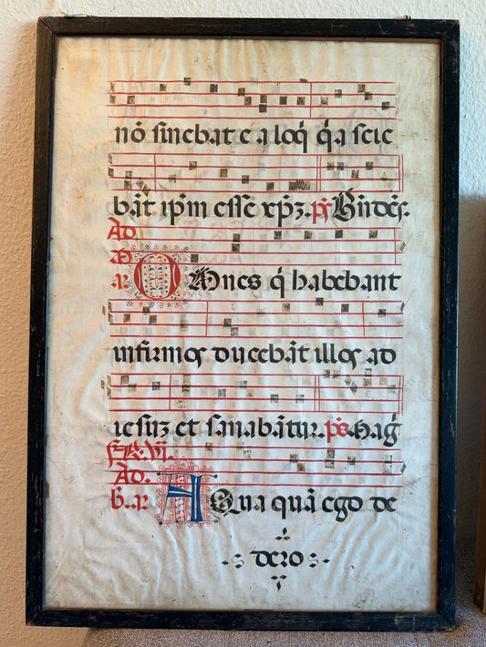 Framed leaf from an antiphonal, illuminated Latin manuscript