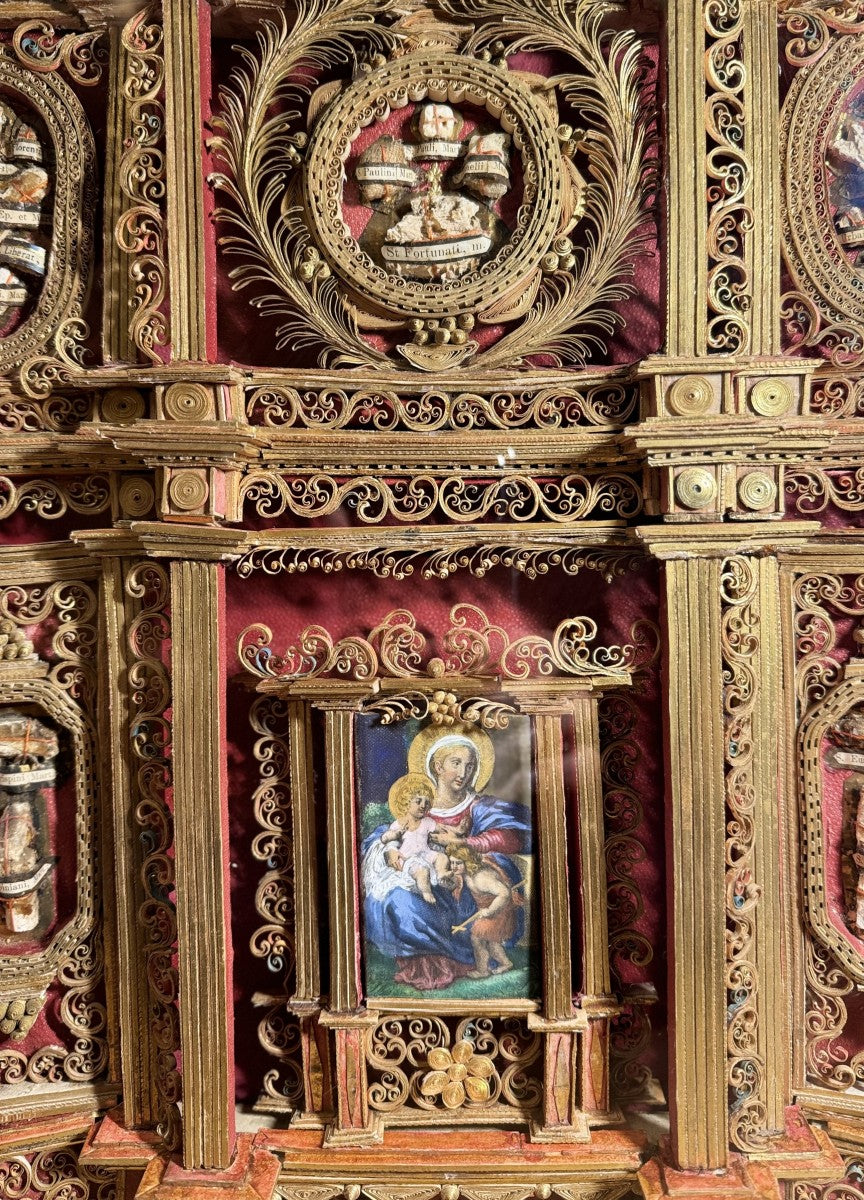 18th-century reliquary in the style of an altarpiece with 21 relics
