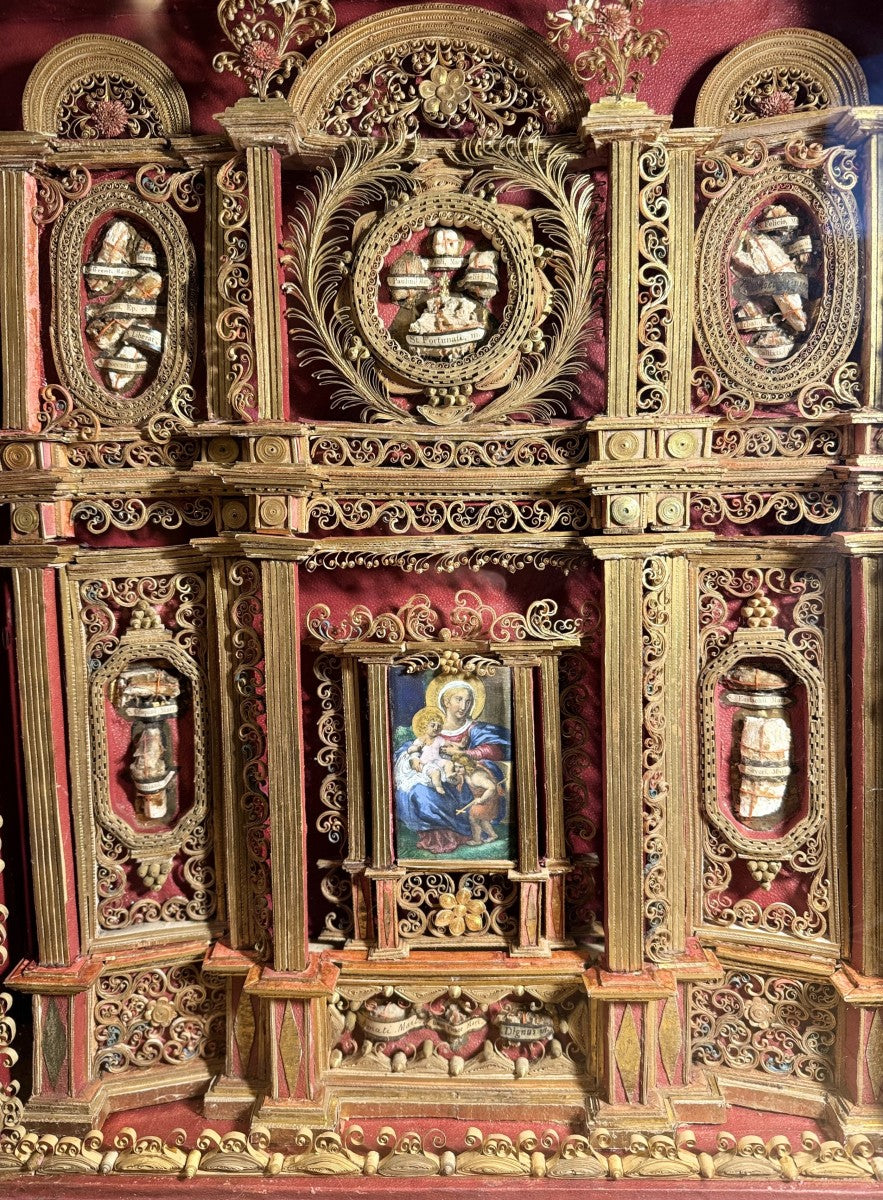18th-century reliquary in the style of an altarpiece with 21 relics