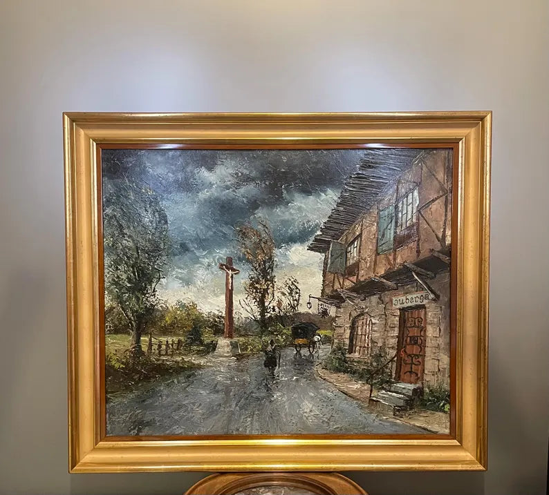 Antique oil on canvas painting, the inn in the rain