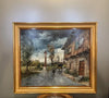 Antique oil on canvas painting, the inn in the rain