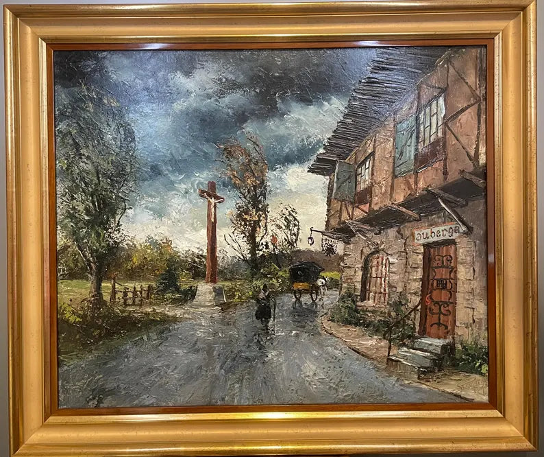 Antique oil on canvas painting, the inn in the rain