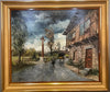 Antique oil on canvas painting, the inn in the rain