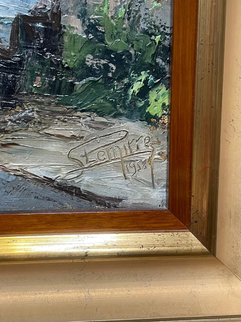 Antique oil on canvas painting, the inn in the rain