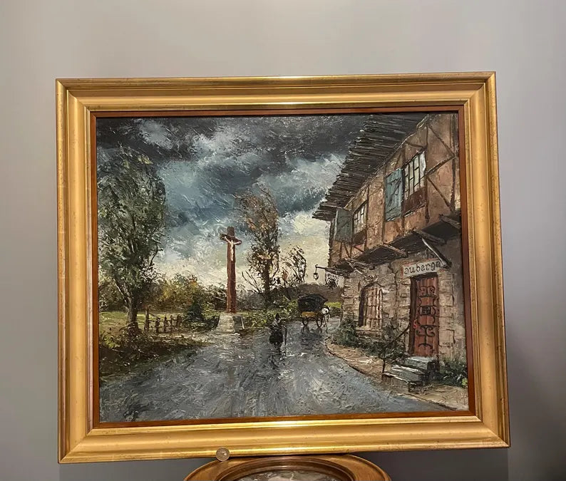 Antique oil on canvas painting, the inn in the rain