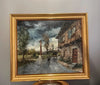 Antique oil on canvas painting, the inn in the rain