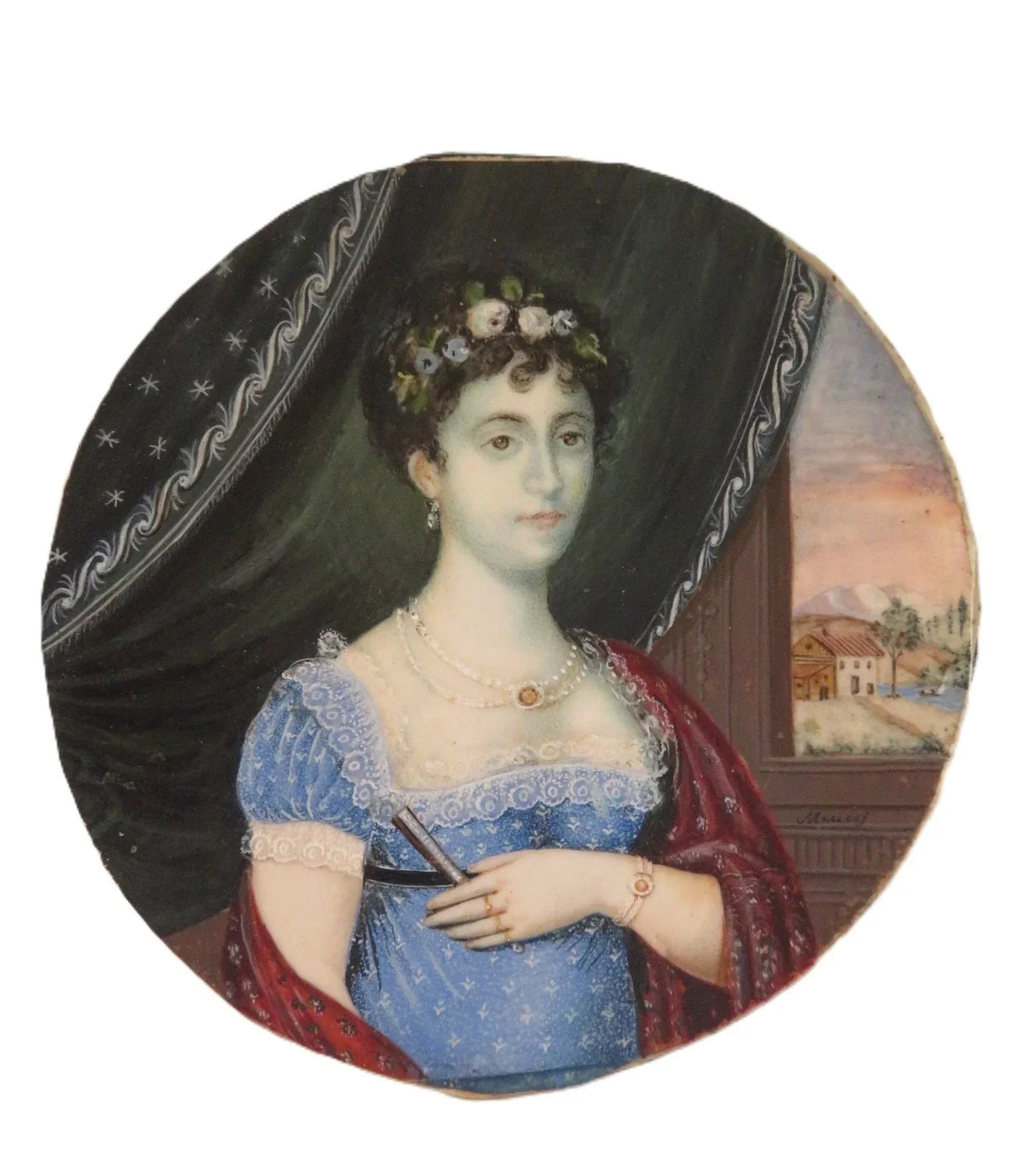 Original early 19th-century miniature painting depicting a woman
