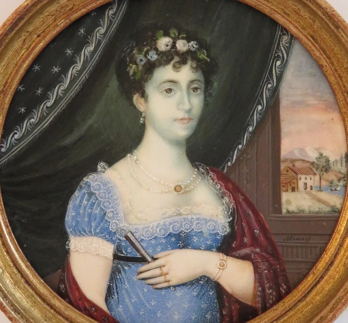 Original early 19th-century miniature painting depicting a woman