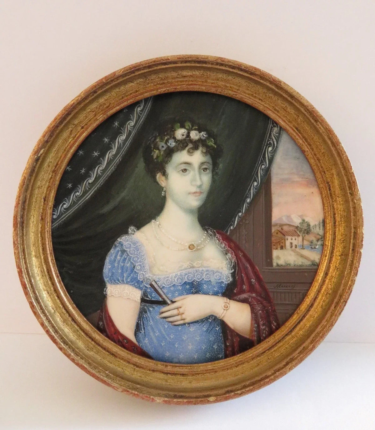 Original early 19th-century miniature painting depicting a woman
