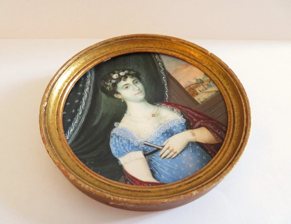 Original early 19th-century miniature painting depicting a woman
