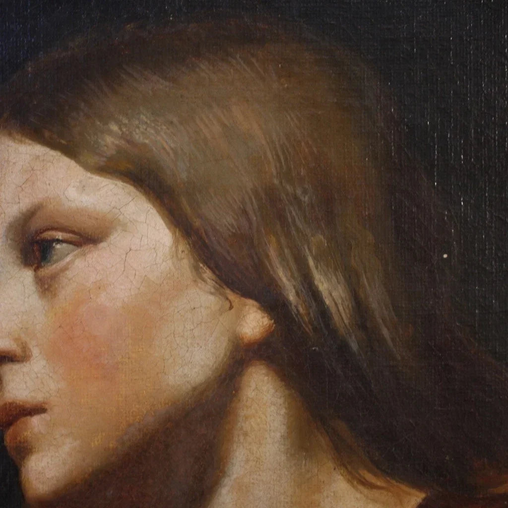 Oil painting on canvas, portrait of a young woman, rendered with great delicacy