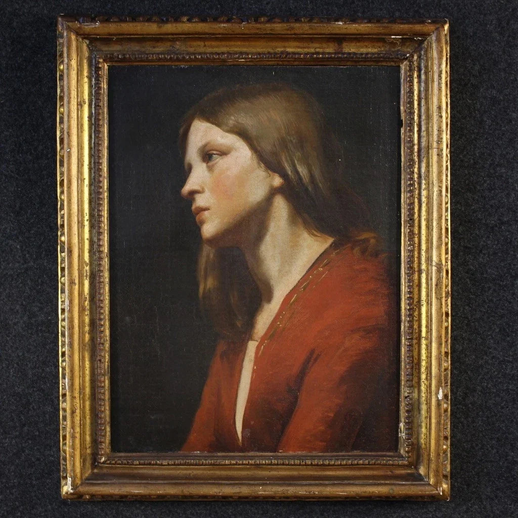 Oil painting on canvas, portrait of a young woman, rendered with great delicacy