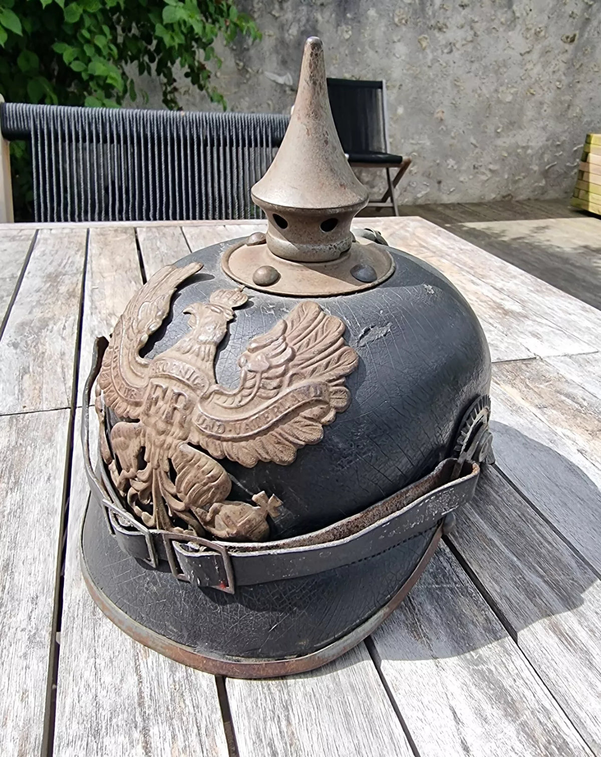 Model 1915 Pickelhaube in leather and grey metal