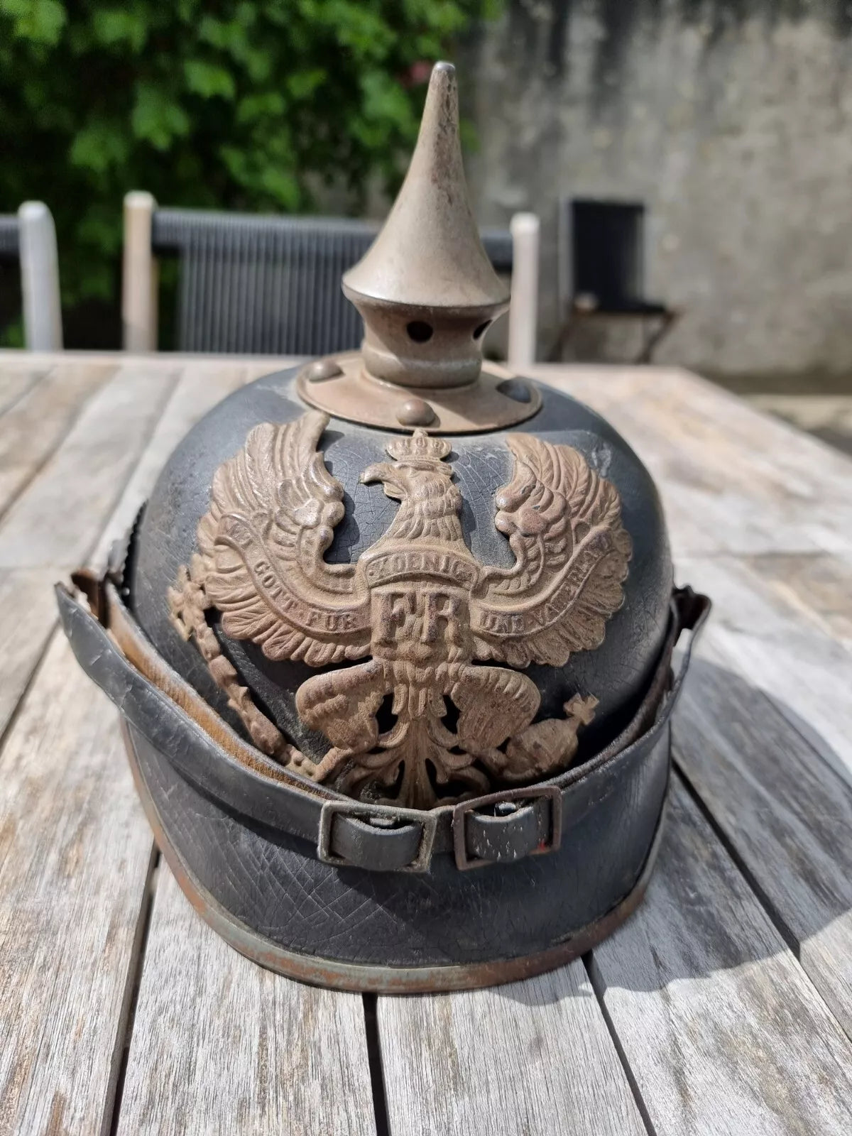 Model 1915 Pickelhaube in leather and grey metal