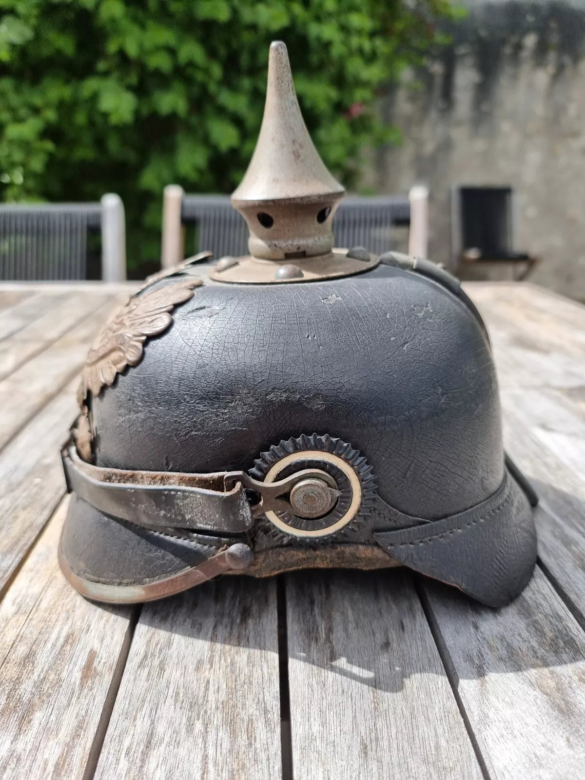 Model 1915 Pickelhaube in leather and grey metal