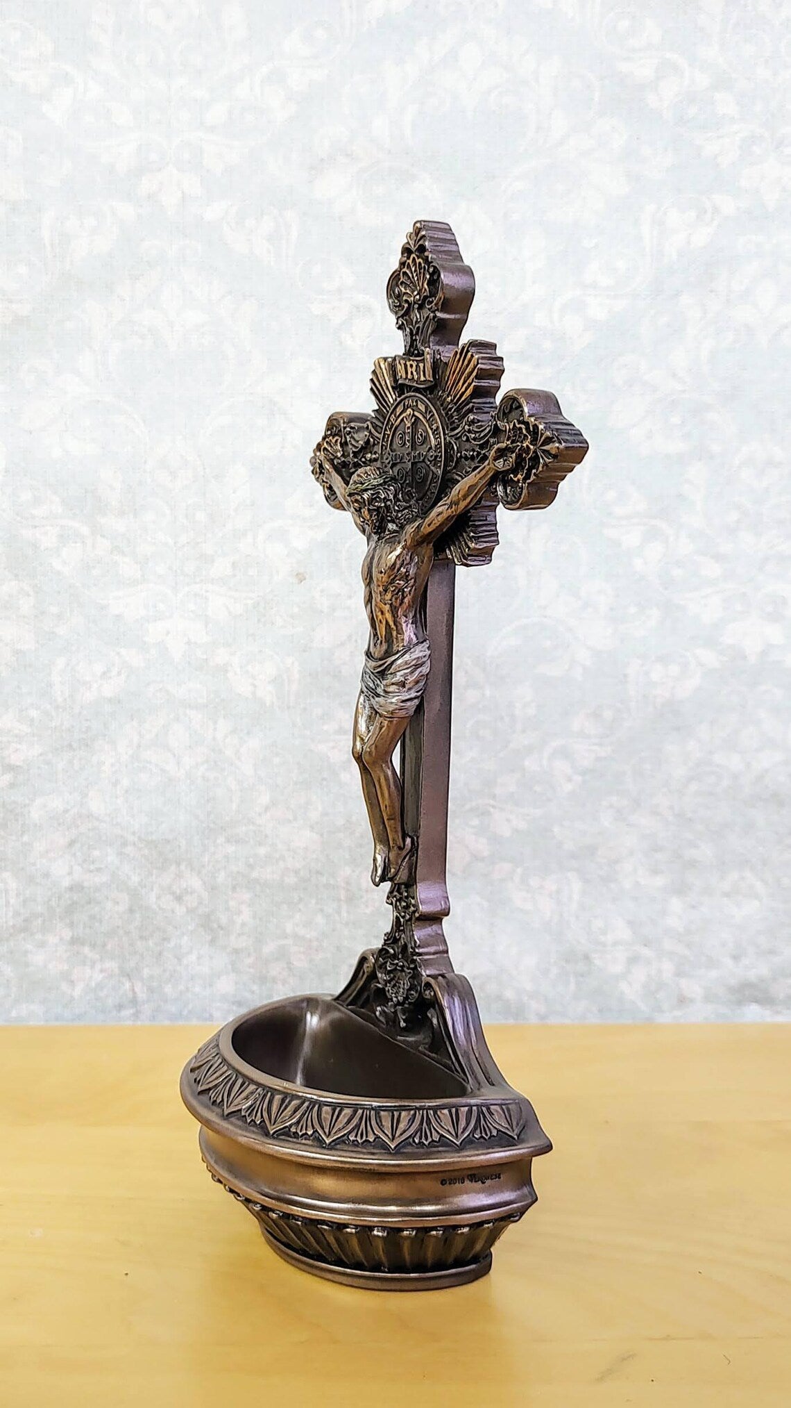 Holy water font with crucifix - Catholic altar decoration, wall-mounted or tabletop holy water holder, religious gift