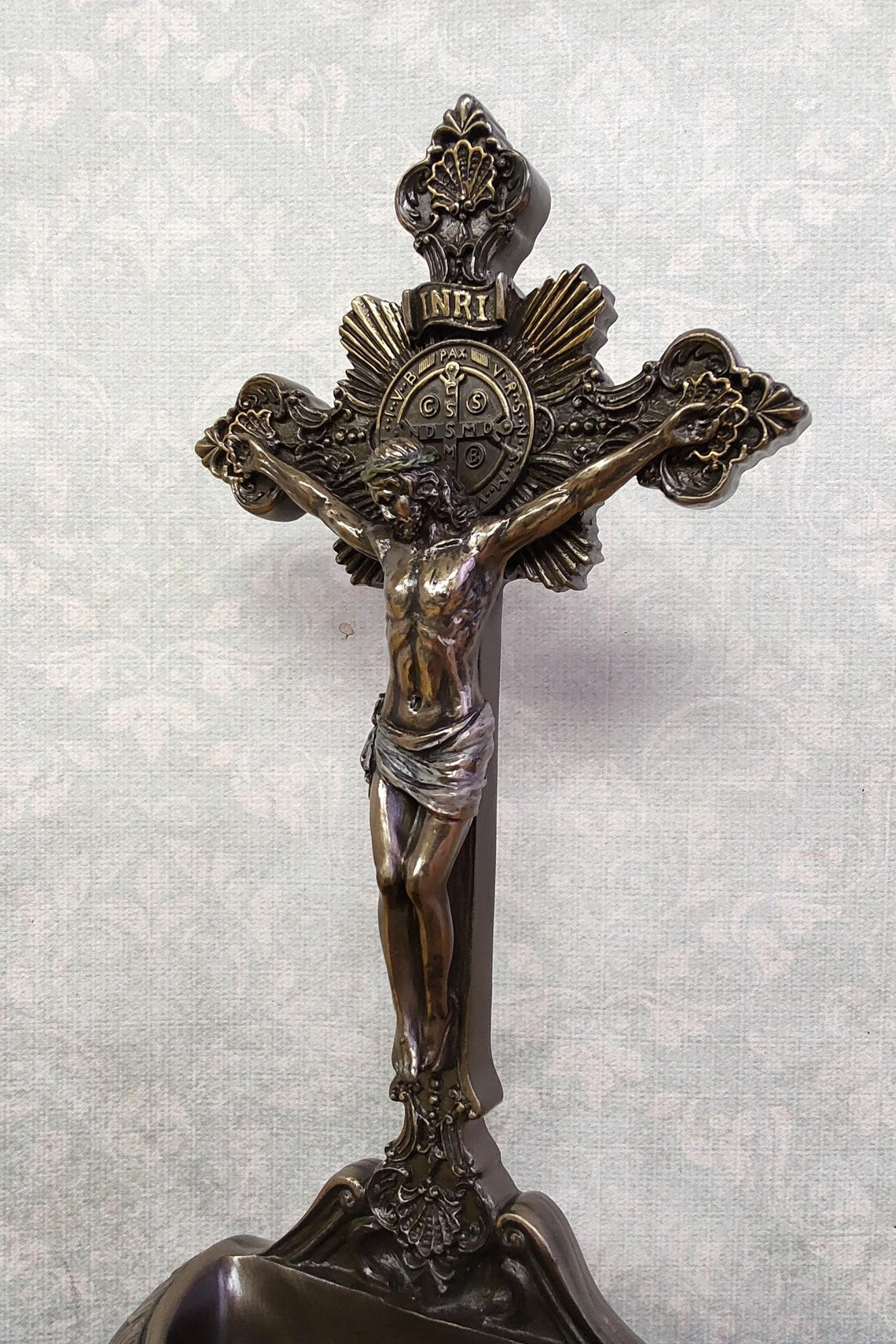 Holy water font with crucifix - Catholic altar decoration, wall-mounted or tabletop holy water holder, religious gift