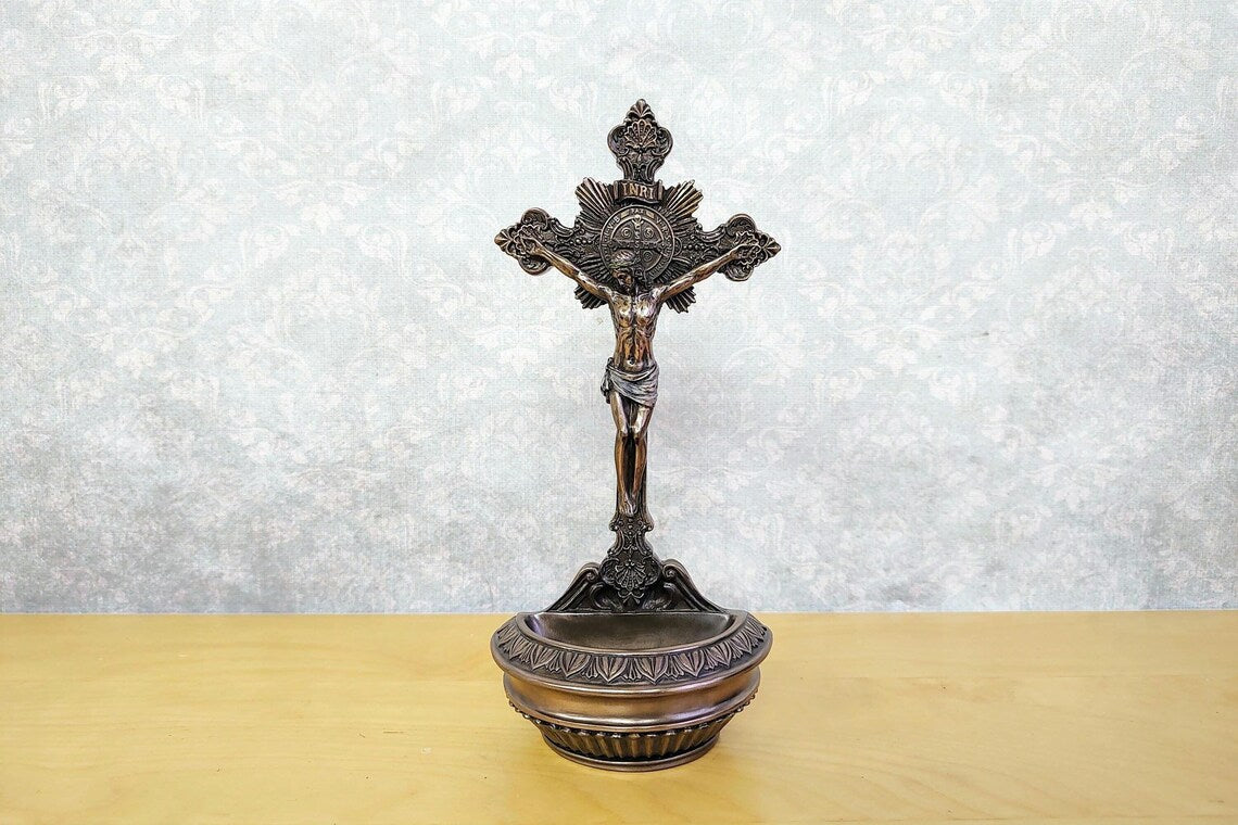 Holy water font with crucifix - Catholic altar decoration, wall-mounted or tabletop holy water holder, religious gift
