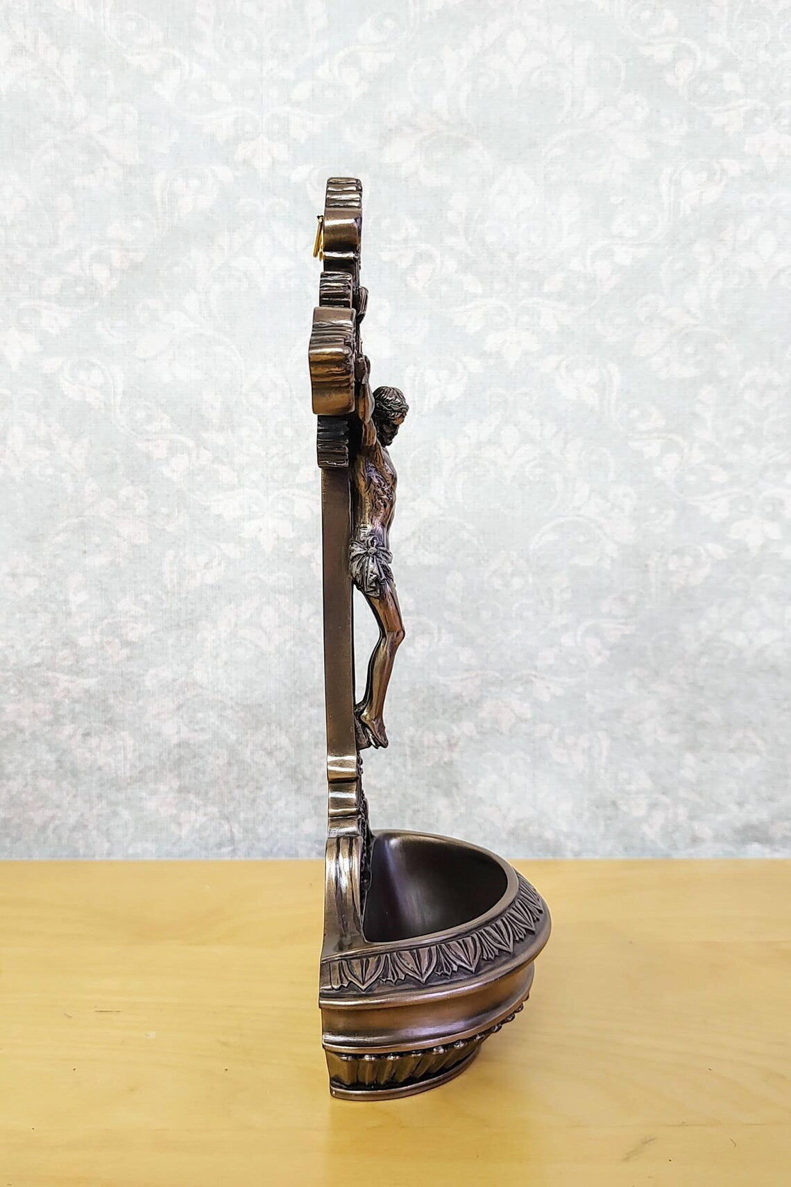 Holy water font with crucifix - Catholic altar decoration, wall-mounted or tabletop holy water holder, religious gift
