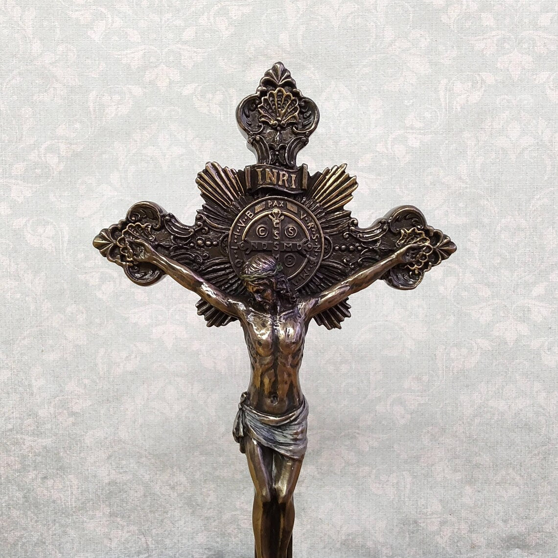 Holy water font with crucifix - Catholic altar decoration, wall-mounted or tabletop holy water holder, religious gift