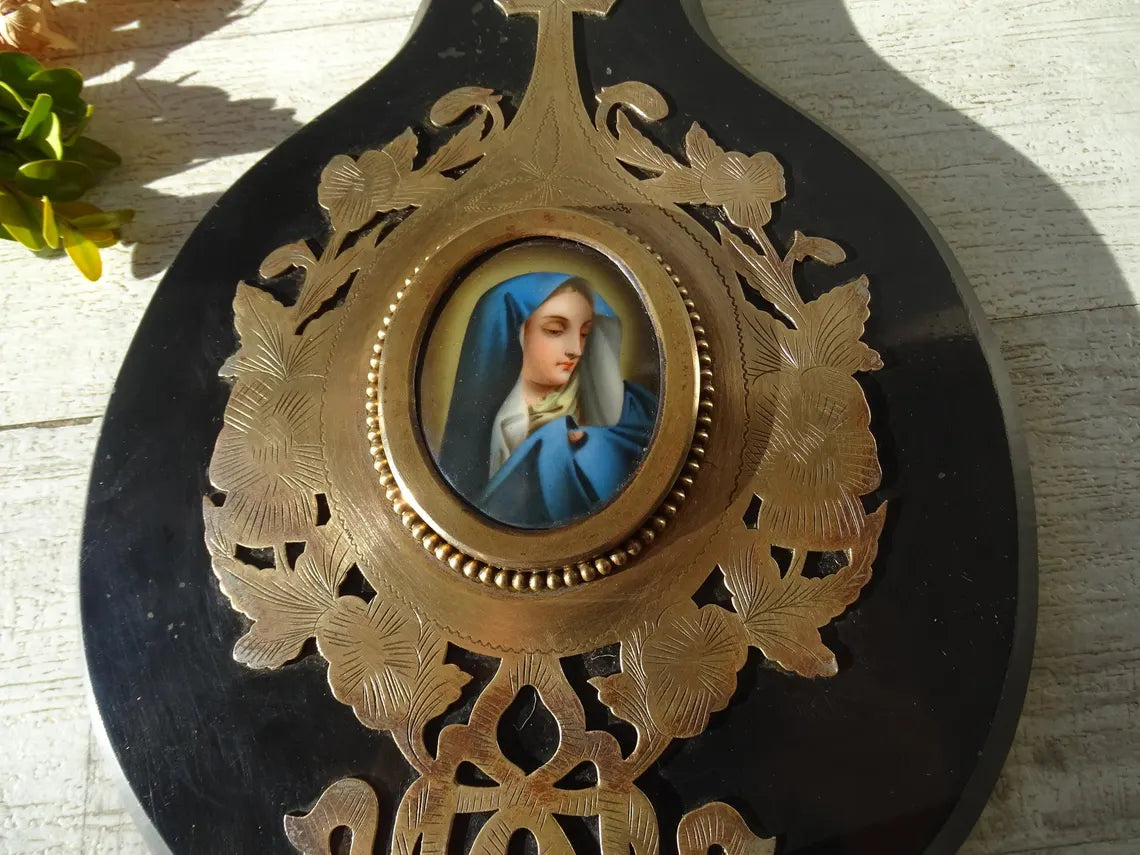 Large antique marbled bronze holy water stoup with a hand-painted porcelain Virgin Mary medallion, enameled stoup.