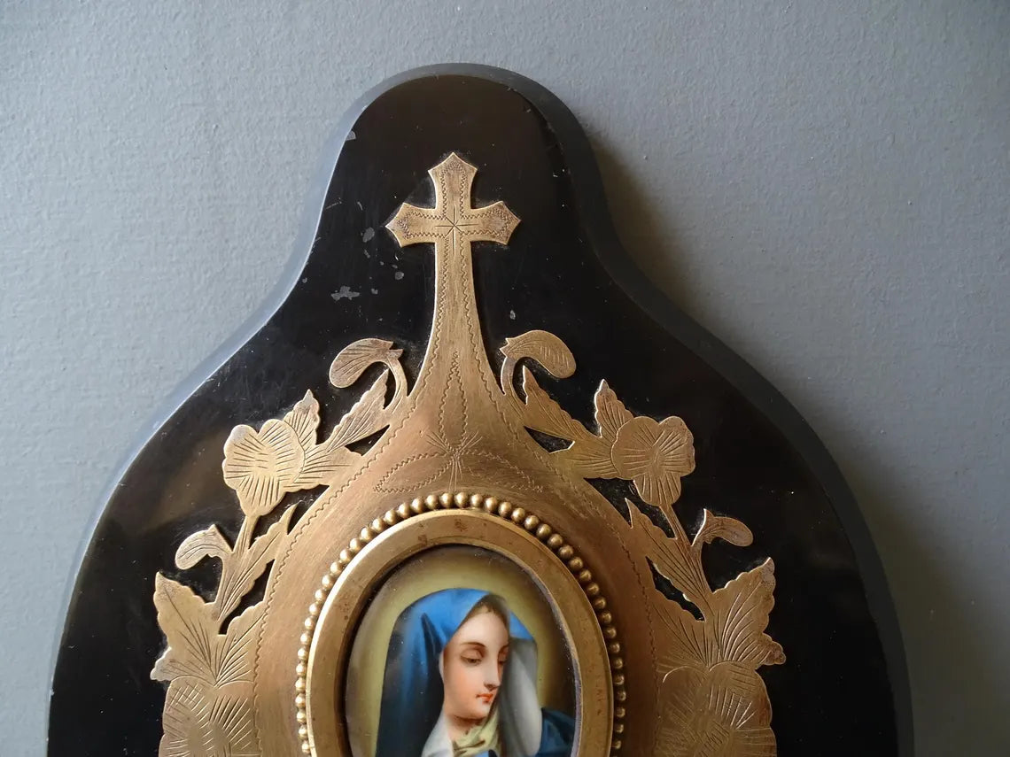 Large antique marbled bronze holy water stoup with a hand-painted porcelain Virgin Mary medallion, enameled stoup.
