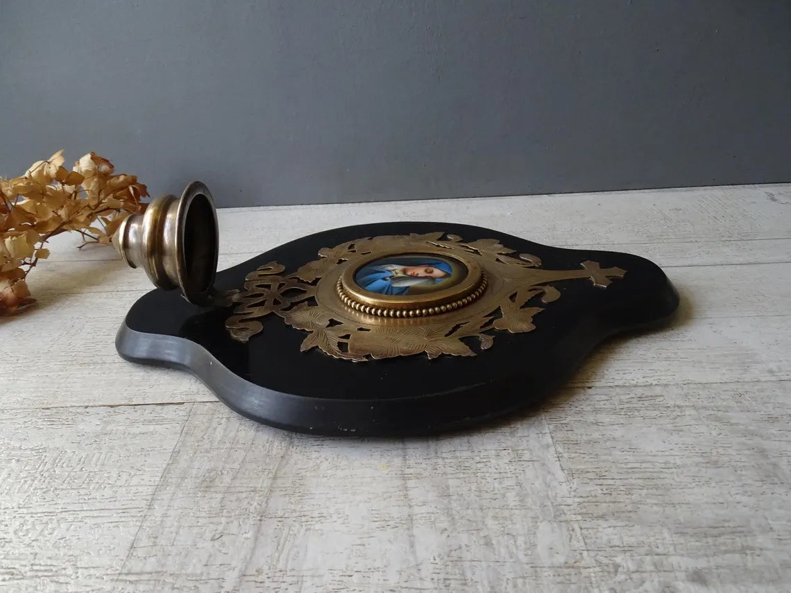 Large antique marbled bronze holy water stoup with a hand-painted porcelain Virgin Mary medallion, enameled stoup.