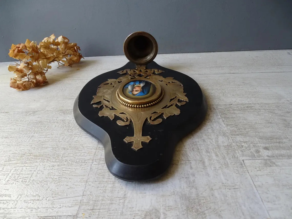 Large antique marbled bronze holy water stoup with a hand-painted porcelain Virgin Mary medallion, enameled stoup.