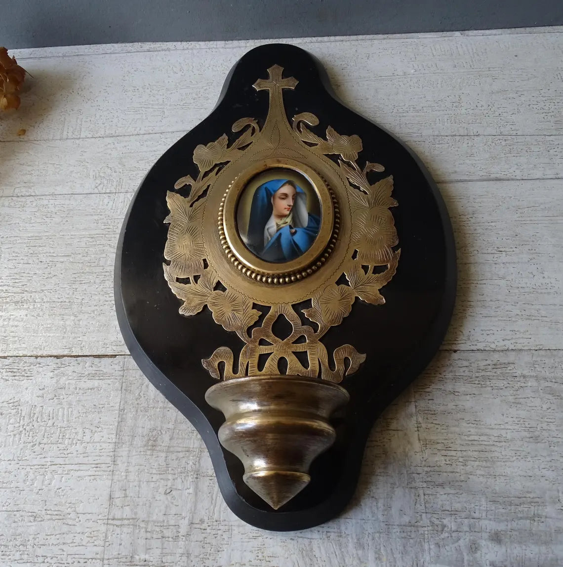 Large antique marbled bronze holy water stoup with a hand-painted porcelain Virgin Mary medallion, enameled stoup.