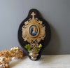Large antique marbled bronze holy water stoup with a hand-painted porcelain Virgin Mary medallion, enameled stoup.