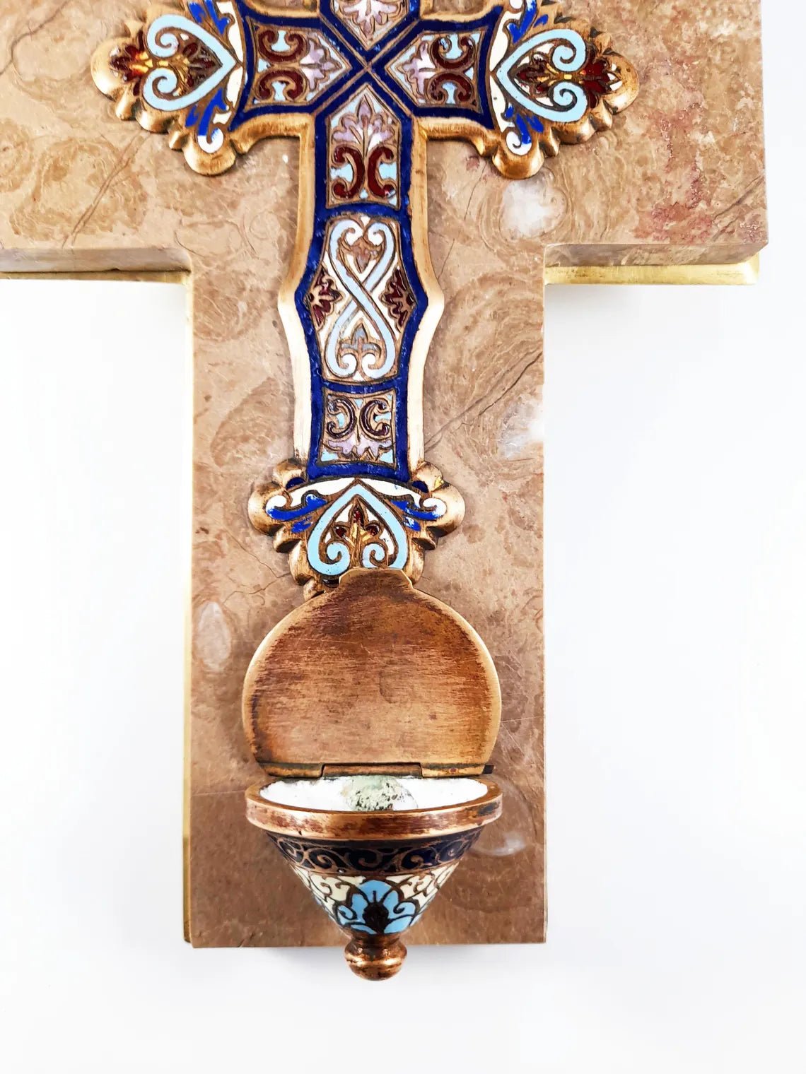 Holy water stoup, Limoges enamel on bronze, by Emile Bouasse, solid bronze back, marble base, circa 1870