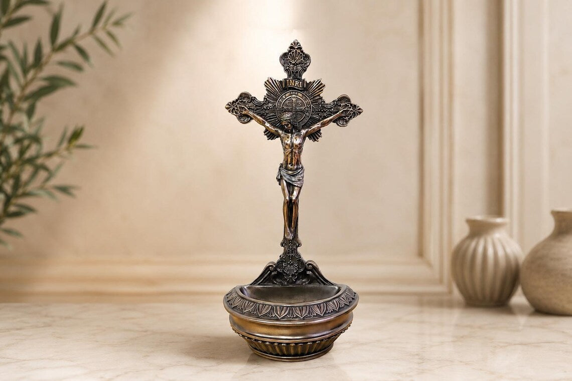 Holy water font with crucifix - Catholic altar decoration, wall-mounted or tabletop holy water holder, religious gift